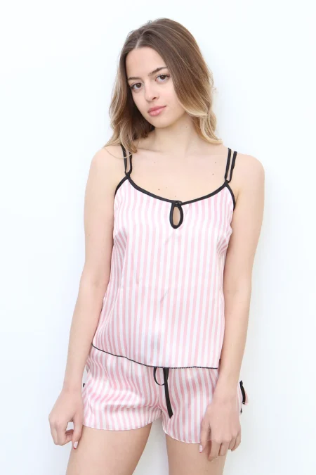 Babydoll Σατέν Ριγέ – Ροζ